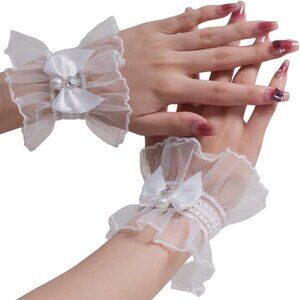 Women's Hand Sleeve White Rhinestone Cuff Bow Pearl Lace Gloves Wedding Cosplay